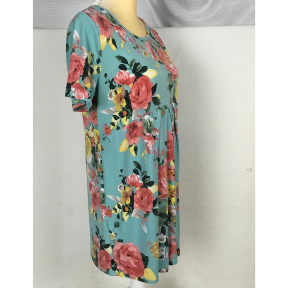 My Bump Luke 2:40 Dress Women Size XL Blue w Pink Yellow Flowers Pleated Waist - Picture 2 of 11